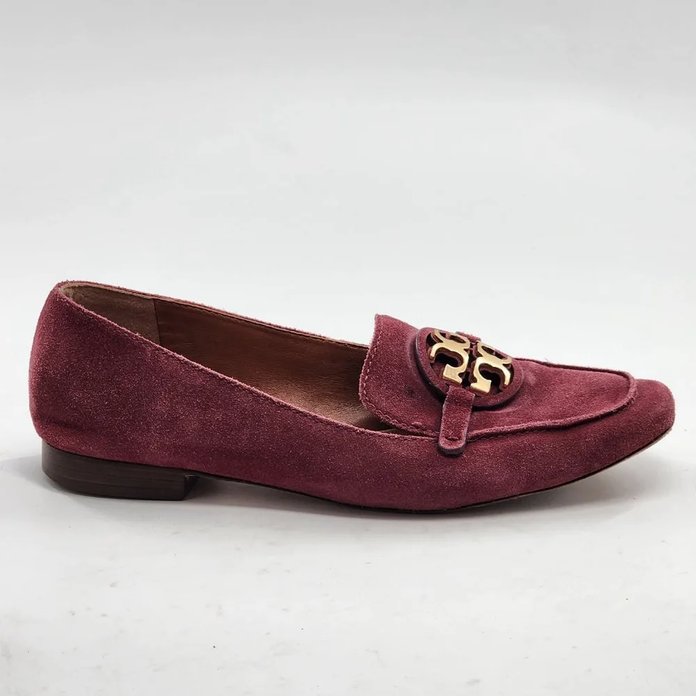TORY‎ BURCH Miller Square Toe Burgundy Suede Loafers with Gold Logo - Size 8.5